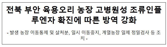 전북 부안 육용오리 농장 고병원성 조류인플루엔자 확진에 따른 방역 강화 전북 부안 육용오리 농장 고병원성 조류인플루엔자 확진에 따른 방역 강화