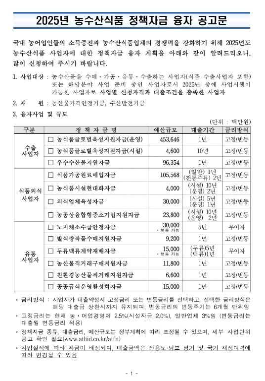 2025년 농수산식품 정책자금 융자 공고 2025년 농수산식품 정책자금 융자 공고