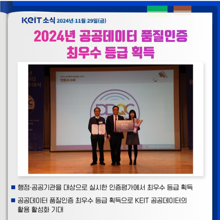  한국산업기술기획평가원, 2024년 공공데이터 품질인증 '최우수' 등급 획득