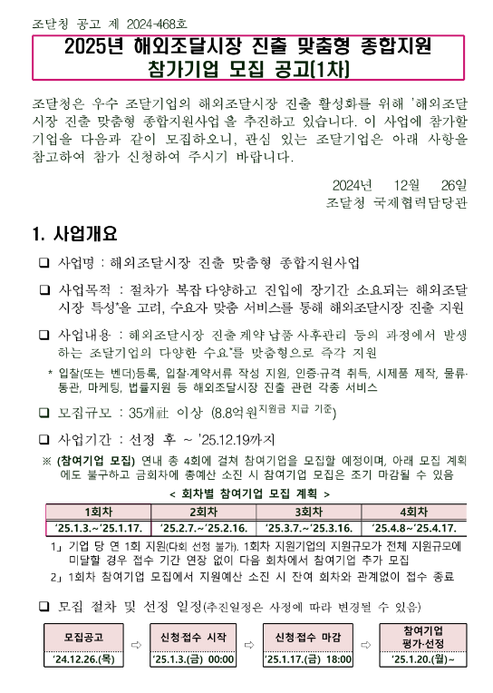 2025년 1차 해외조달시장 진출 맞춤형 종합지원 참가기업 모집 공고 2025년 1차 해외조달시장 진출 맞춤형 종합지원 참가기업 모집 공고