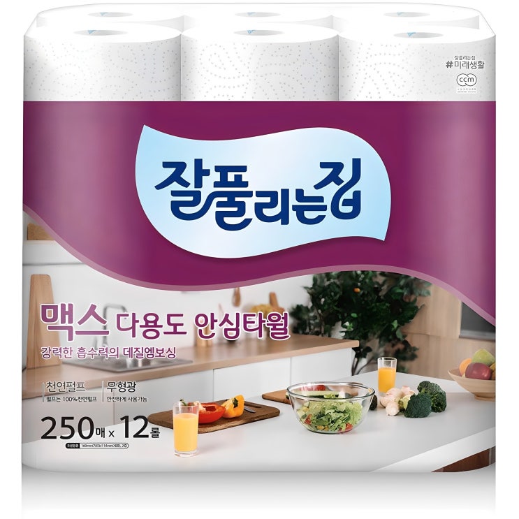  잘풀리는집 맥스 다용도 천연펄프 롤키친타올, 250매, 12개