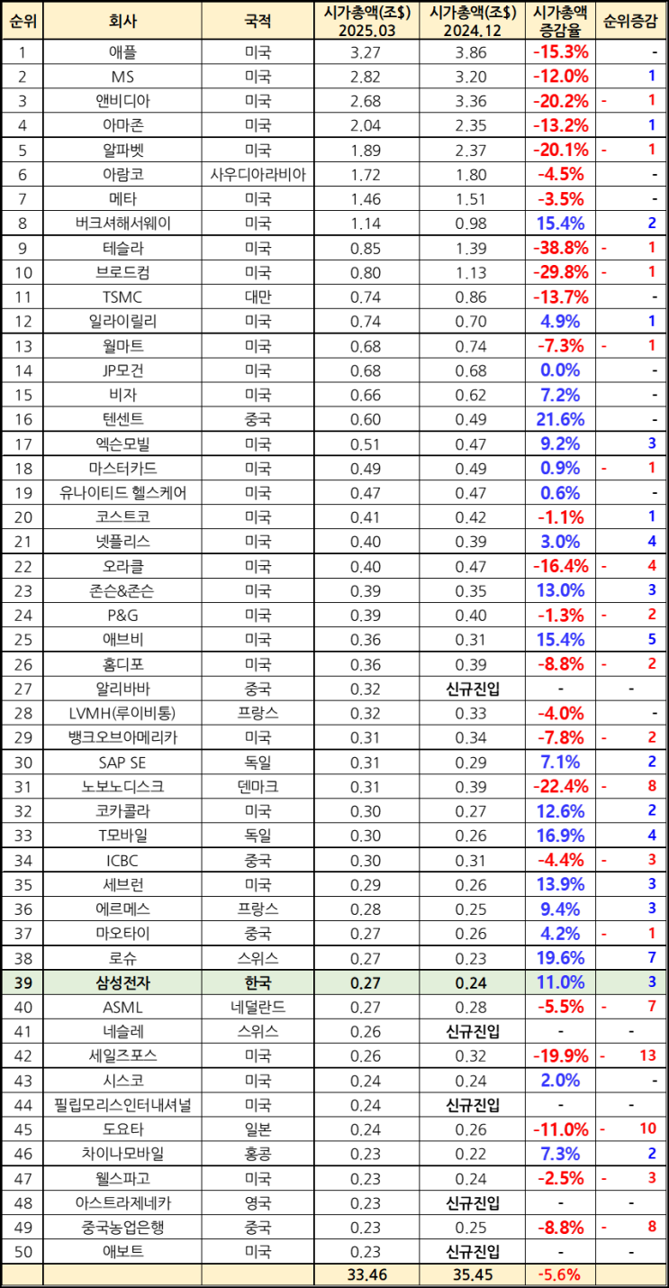  전 세계 시가총액 50대 기업 순위(25년 3월 기준)