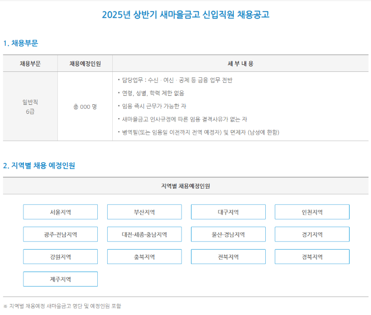 [새마을금고 채용공고] 새마을금고 2025년 상반기 신입직원 000명 채용 / 새마을금고 초봉