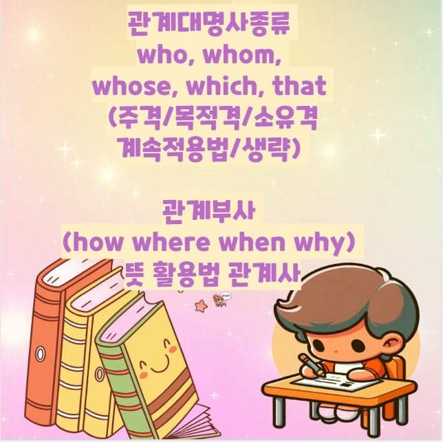 관계대명사종류 who, whom, whose, which, that (주격/목적격/소유격/계속적용법/생략) 관계부사 (how w....