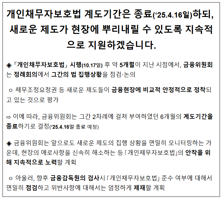 개인채무자보호법 계도기간은 종료('25.4.16일)하되, 새로운 제도가 현장에 뿌리내릴 수 있도록 지속적으로 지원하겠습니다. 개인채무자보호법 계도기간은 종료('25.4.16일)하되, 새로운 제도가 현장에 뿌리내릴 수 있도록 지속적으로 지원하겠습니다.