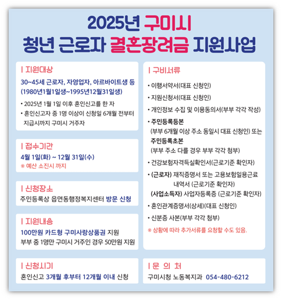 2025년 구미청년지원금 구미시 청년근로자 결혼장려금 100만원 지원대상 신청 방법 2025년 구미청년지원금 구미시 청년근로자 결혼장려금 100만원 지원대상 신청 방법