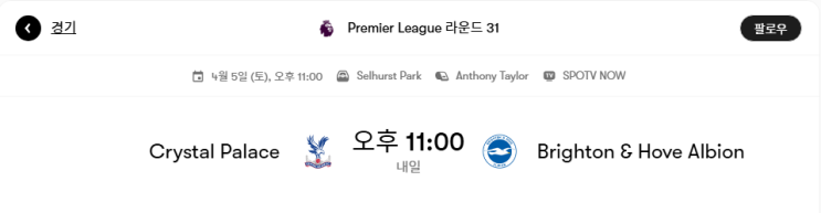  크리스탈 팰리스 VS 브라이튼 경기분석 및 프리뷰 [프리미어리그 31라운드]