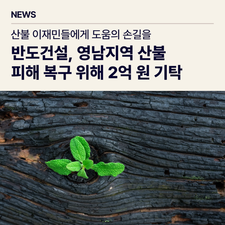 반도건설, <b>영남</b>지역 <b>산불 피해 복구</b> 위해 2억 원 기탁
