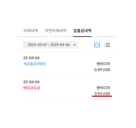 25년 4월 엔비디아(NVDA) 배당금 지급됐어요. 25년 4월 엔비디아(NVDA) 배당금 지급됐어요.