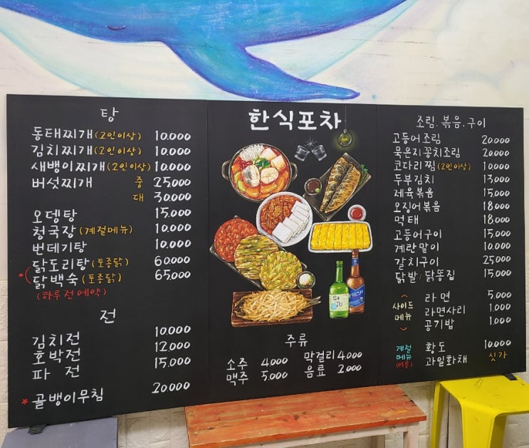  주점 벽메뉴판을 초크아트로 그려 드렸어요