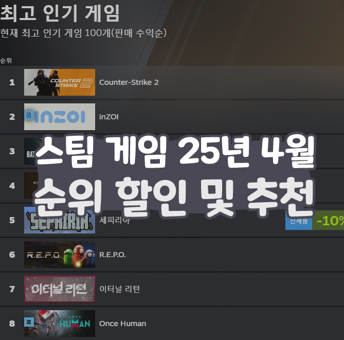  스팀 게임 25년 4월 순위 할인 및 추천
