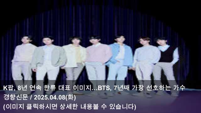 [KPOP 소식] 25.04.08 K팝, 8년 연속 한류 대표 이미지…BTS... 