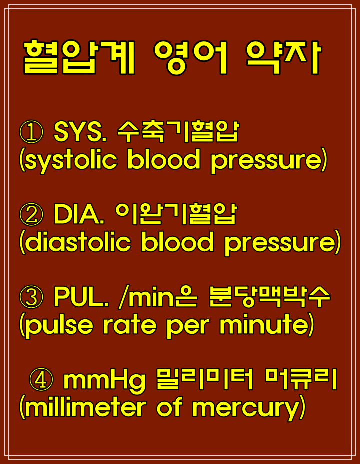  혈압계 영어 약자 읽는 법, SYS. DIA. PUL. mmHg 뜻