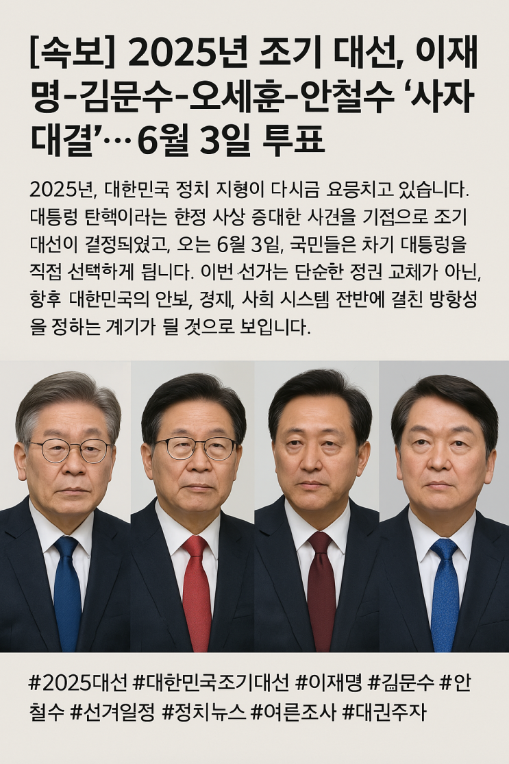 2025년 조기 대선, <b>이재명</b>-<b>김문수</b>-오세훈-안철수 ‘사자<b>대결</b>... 