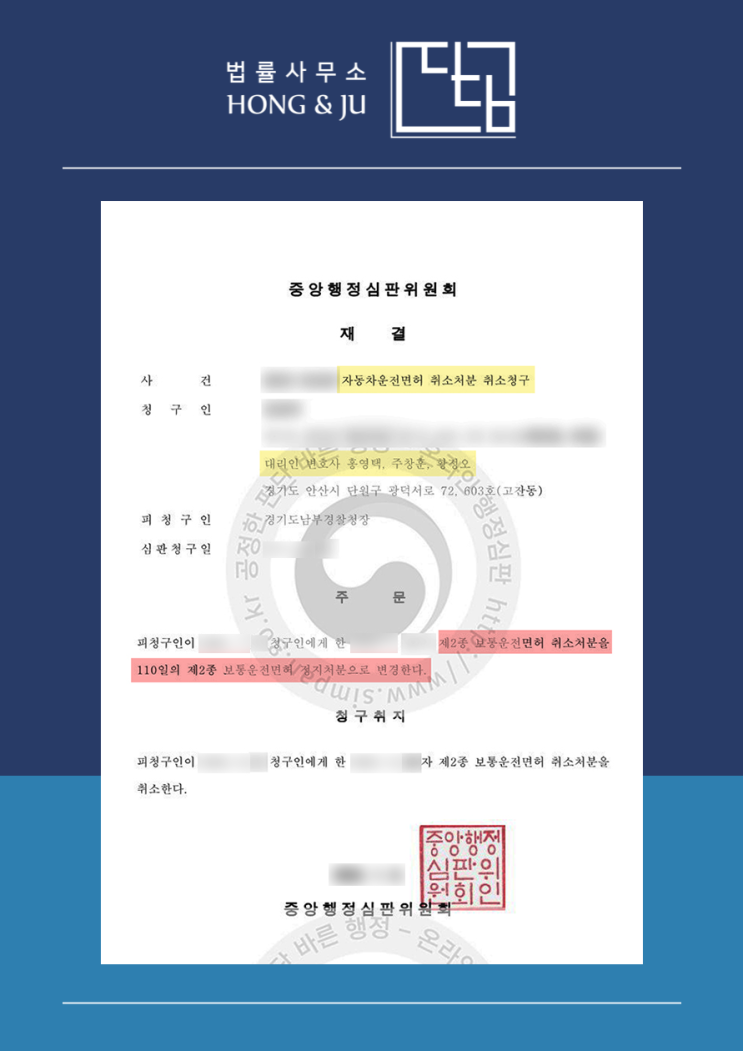  안산 음주운전 면허취소 구제 사례 - 면허정지 감경↓