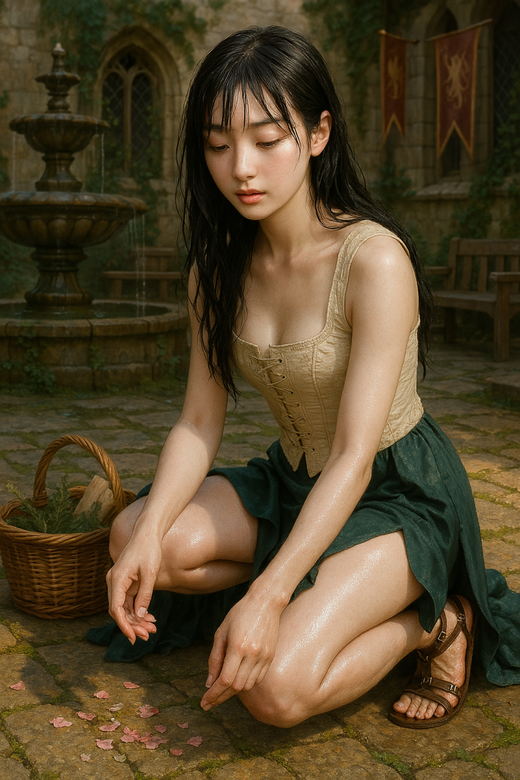  꽃잎을 줍는 소녀 일러스트