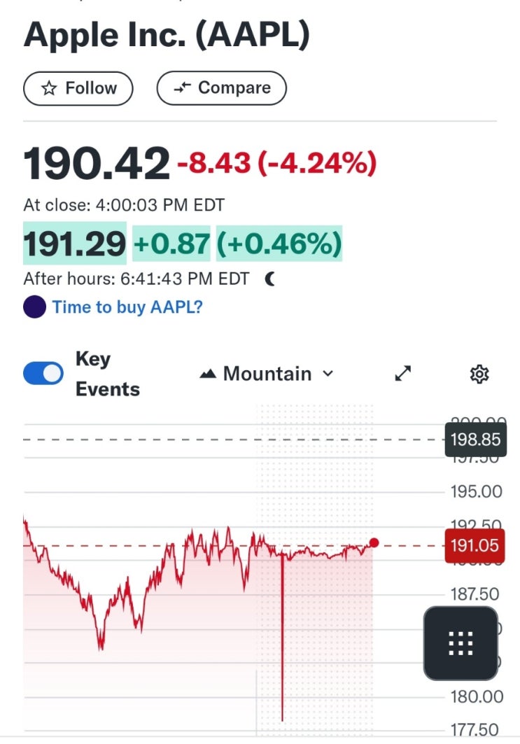  2025년 4월 10일 기준 애플(Apple Inc.) 주가 요약