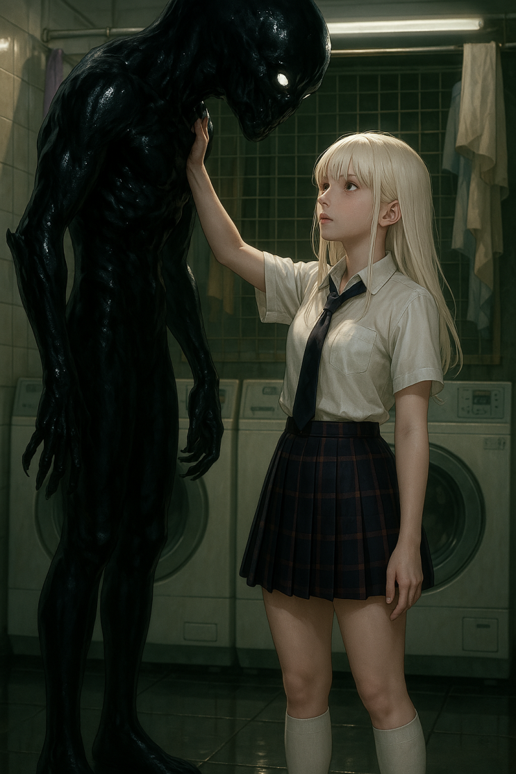  괴수와 마주한 여고생 소녀 일러스트