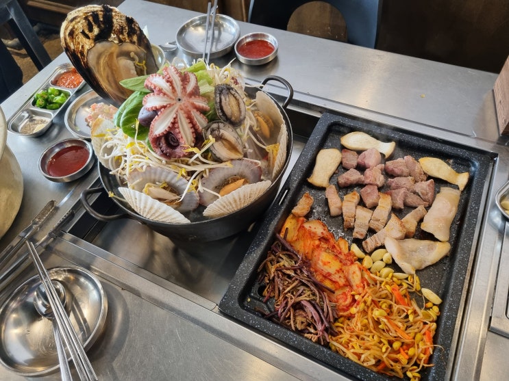  강릉조개찜 경포정육회마트 가성비 조개찜과 고기