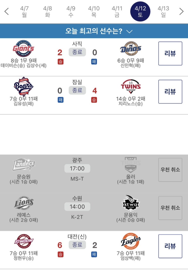 (토) <b>프로야구</b> 경기 결과 (Feat. 광주, <b>수원 우천취소</b>, 롯데는... 
