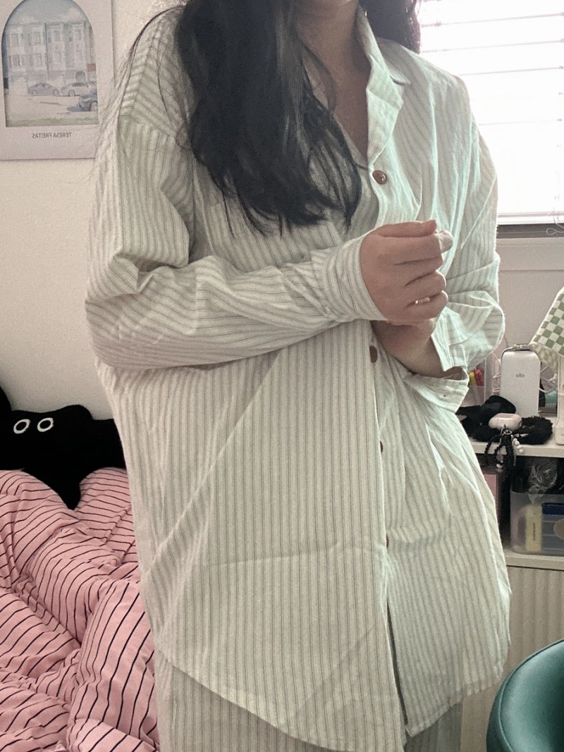 [COMFY]컴피 프렌치 빈티지 스트라이프 파자마 : 오버핏/ 빅사이즈 여성 잠옷 추천