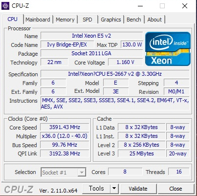  인텔 제온 프로세서 E5-2667 v2 CPUZ 벤치