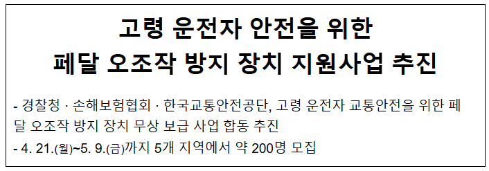 고령 운전자 안전을 위한 페달 오조작 방지 장치 지원사업 추진 고령 운전자 안전을 위한 페달 오조작 방지 장치 지원사업 추진