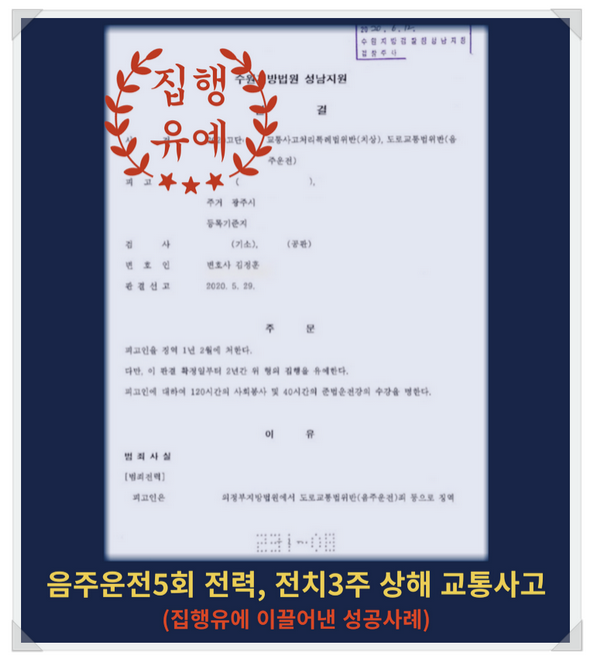  음주운전 5회, 전치3주 상해 교통사고 집행유예 이끌어낸 성공적인 사례