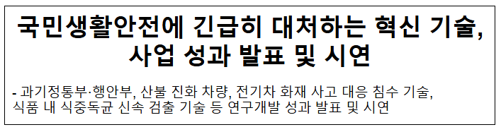 국민생활안전에 긴급히 대처하는 혁신 기술, 사업 성과 발표 및 시연 국민생활안전에 긴급히 대처하는 혁신 기술, 사업 성과 발표 및 시연