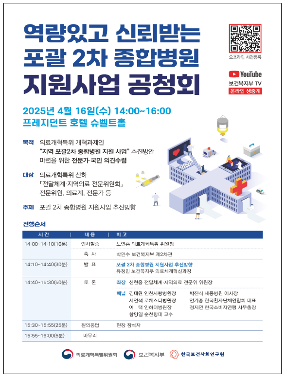 역량있고 신뢰받는 포괄 2차 종합병원 지원사업 공청회 개최 역량있고 신뢰받는 포괄 2차 종합병원 지원사업 공청회 개최