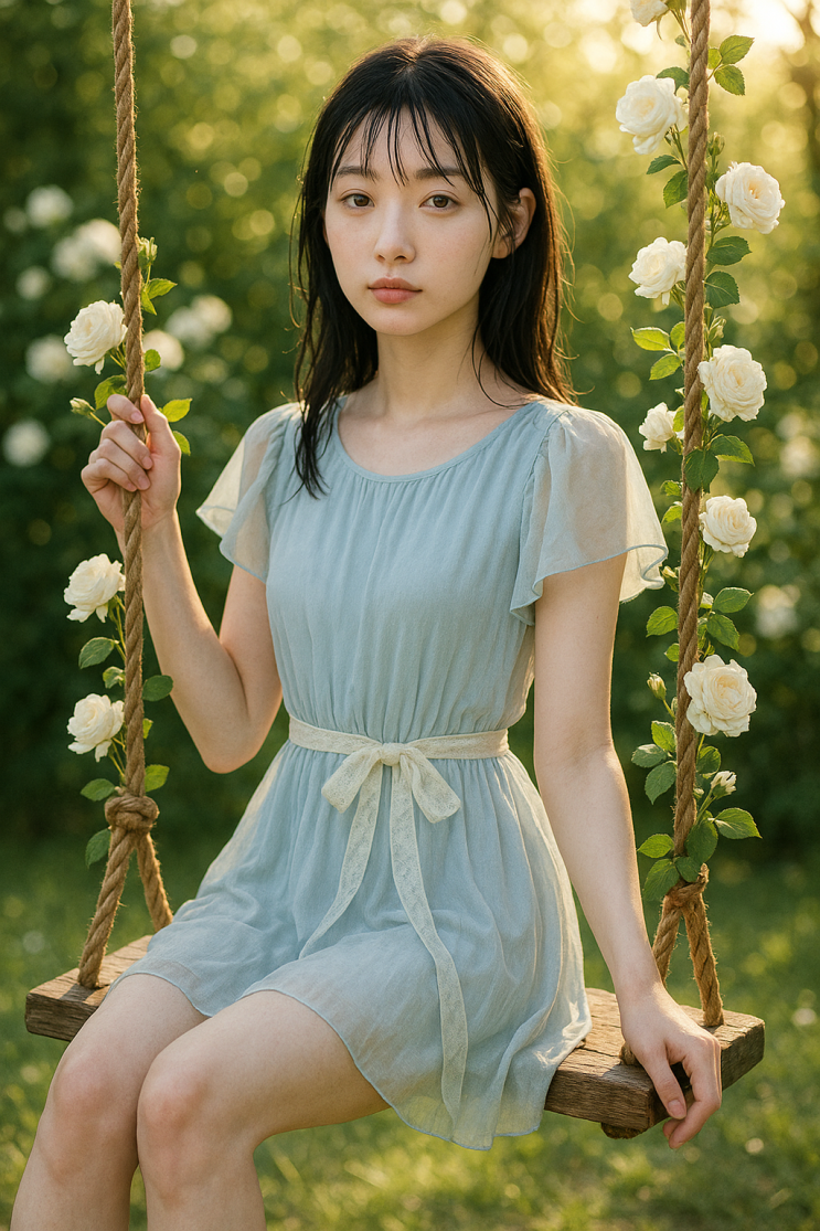  정원에서 그네타는 청순한 소녀 일러스트