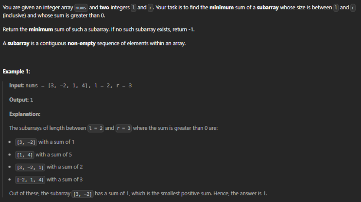  JAVA_LeetCode 3364_Minimum Positive Sum Subarray