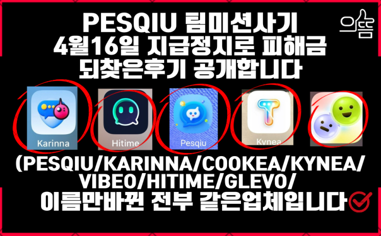  Pesqiu 어플 팀미션사기 지급정지로 피해금 되찾은후기(feat.페스퀴우 부업사기)