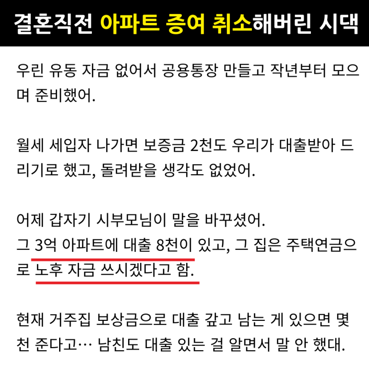  3억 아파트 증여해 준다더니 결혼 직전 취소하고 주택연금 받겠다는 시댁...