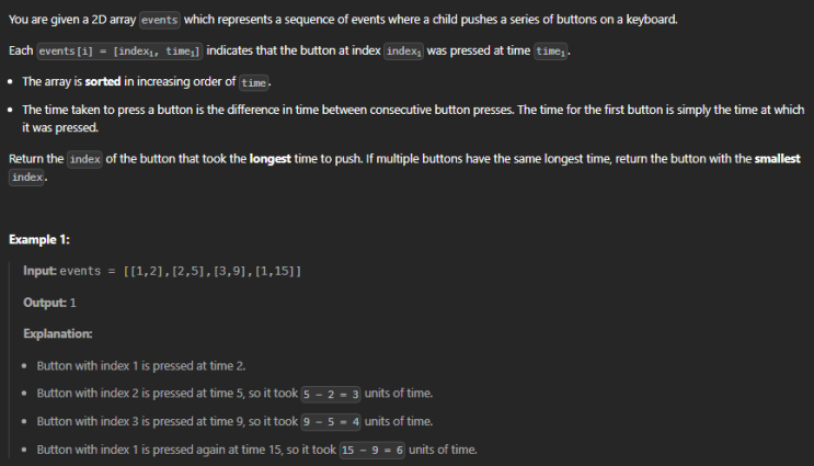  JAVA_LeetCode 3386_Button with Longest Push Time