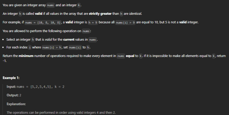  JAVA_LeetCode 3375_Minimum Operations to Make Array Values Equal to K