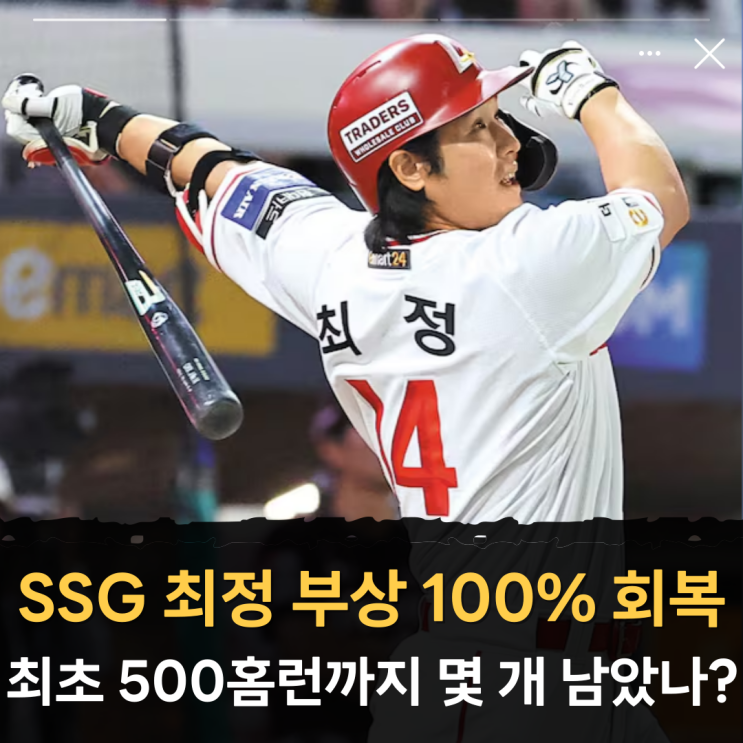<b>SSG 최정 부상</b> 100% 회복 "KBO 최초 500홈런까지 몇 개... 
