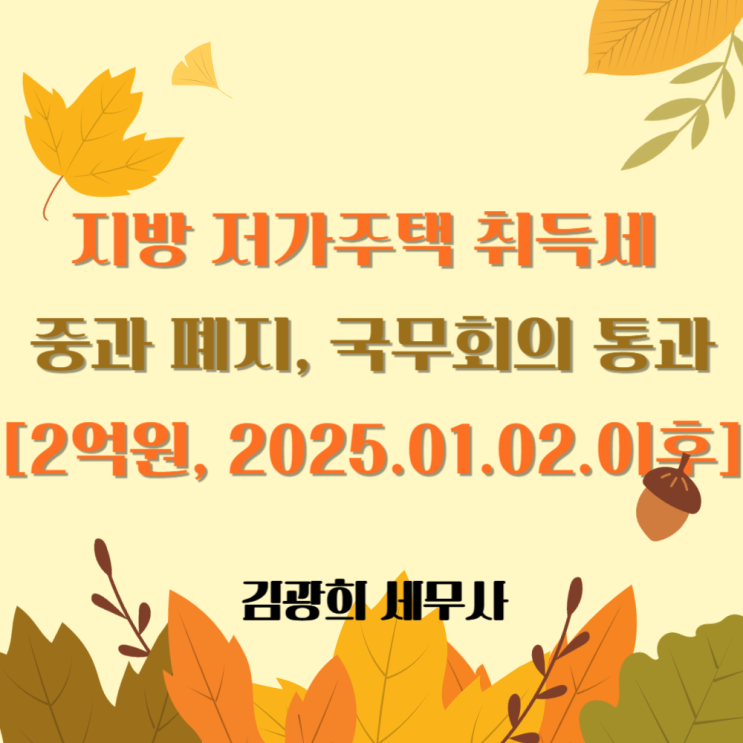  지방 저가주택 취득세 중과 완화, 국무회의 통과[2억원, 2025.01.02.이후 취득분]