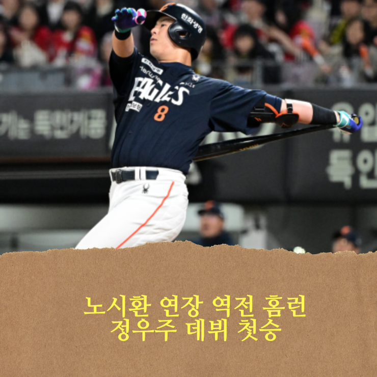 한화 이글스, 노시환 연장전 역전 결승 홈런, <b>정우주</b> 데뷔 첫승