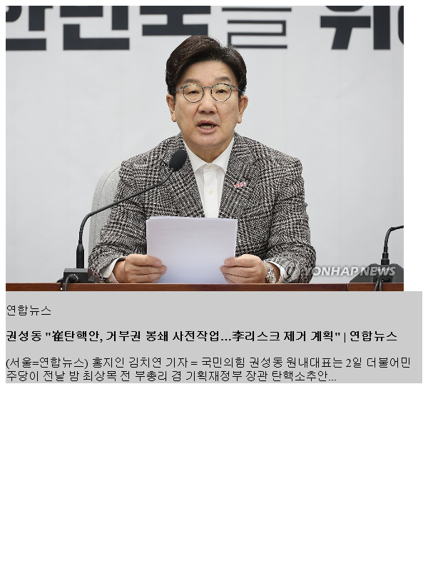 <b>권성동</b> "崔탄핵안, 거부권 봉쇄 사전작업…李리스크 제거 계획"