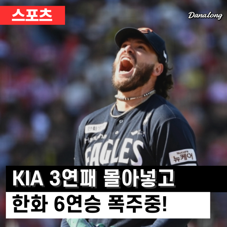 무자책’ <b>한화</b> 이글스, <b>KIA</b> 3연패 몰아넣고 <b>1위 추격</b> 시동!