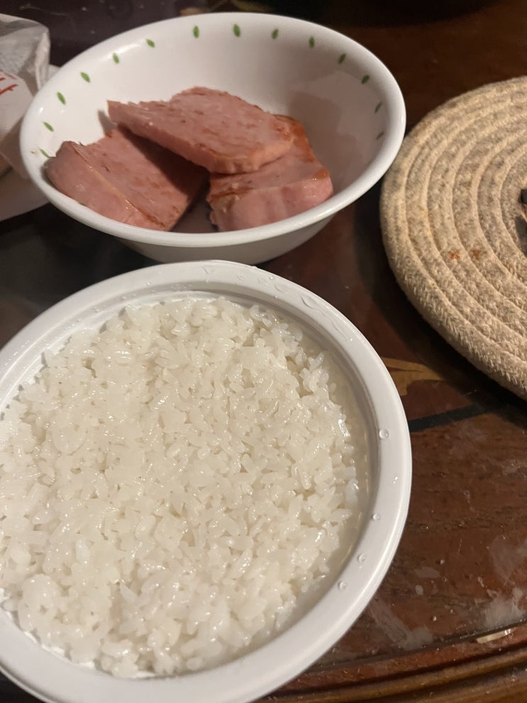  [다이어트로그] 스팸에 흰쌀밥 / 고기만두 / 애호박전, 막걸리 2병 / 모듬순대, 소주 pet / 캔맥주 2캔