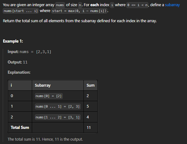  JAVA_LeetCode 3427_Sum of Variable Length Subarrays