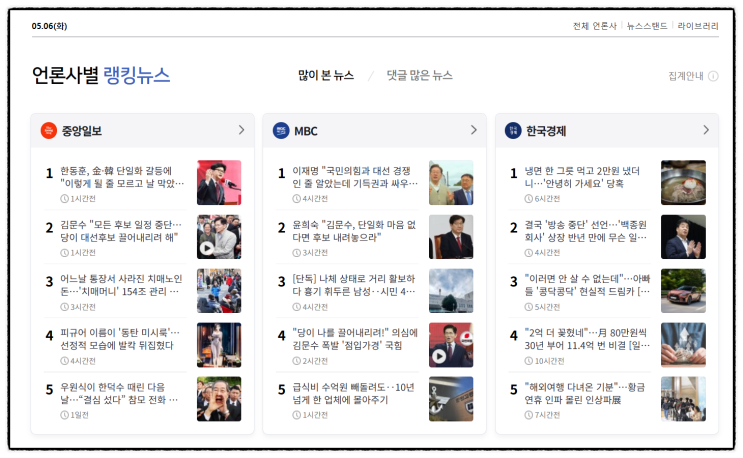 06화 언론사별 랭킹 뉴스  제목으로 간추린 언론사별 저녁... 
