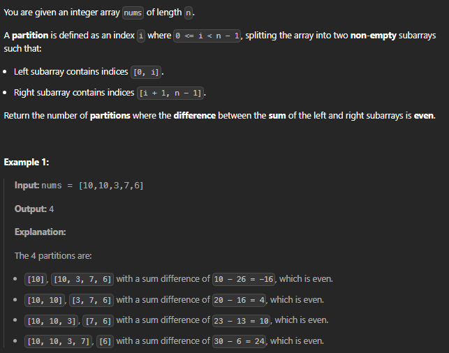  JAVA_LeetCode 3432_Count Partitions with Even Sum Difference