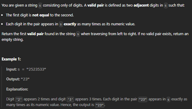  JAVA_LeetCode 3438_Find Valid Pair of Adjacent Digits in String