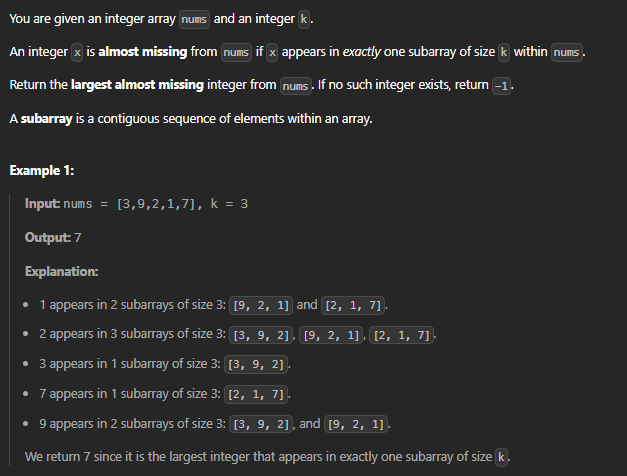  JAVA_LeetCode 3471_Find the Largest Almost Missing Integer