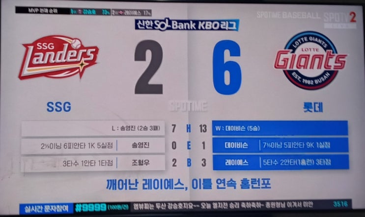 <b>데이비슨</b> 5승 <b>호투</b>와 레이예스 홈런 포함 2안타