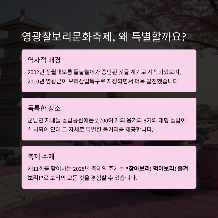   2025 영광찰보리문화축제 (어울마당): 일정(5월10일~11일), 볼거리, 먹거리, 포토존, 가는 길/주차장까지 완벽 가이드! 