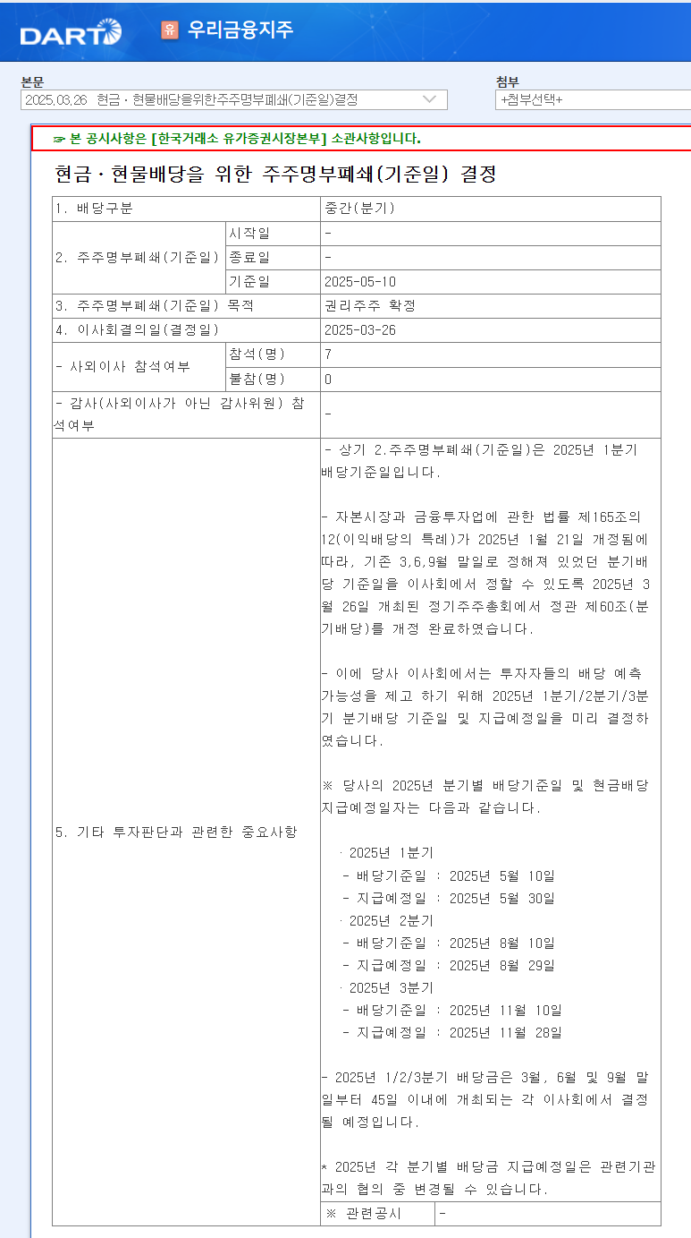 우리금융지주 1분기 배당금 200원, 변경된 배당기준일(분기배당,국내배당주, 비과세배당금) : 네이버 블로그